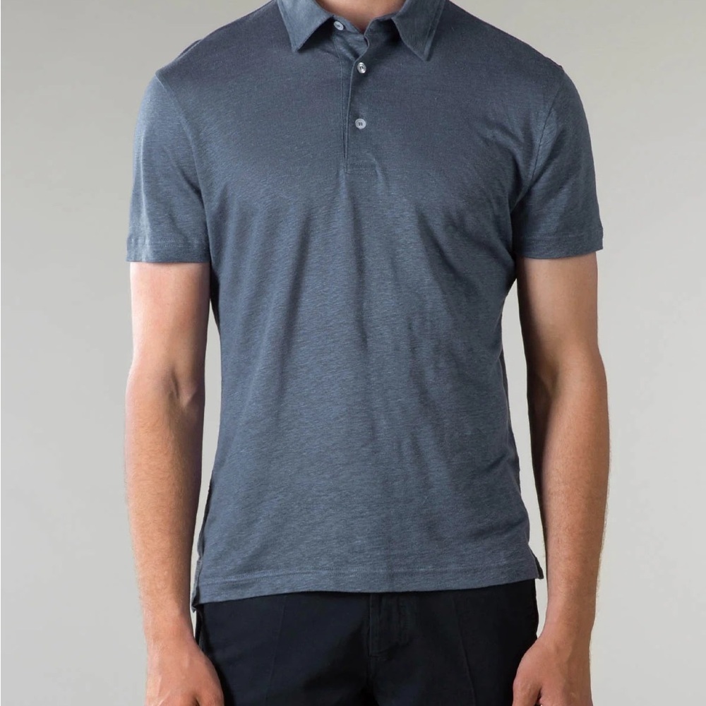 Aurelien Men’s Steel Blue 100% Linen Button Short Sleeve Polo Shirt Top